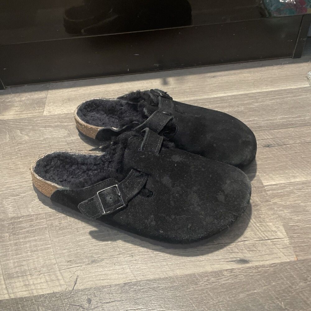 Birkenstock Boston Shearling Black Suede Clogs Mules Size 40 Narrow / Regular